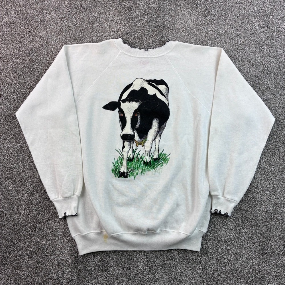 Vintage Cow Sweatshirt Women's Large White Cotton Cow Double Sided Fringe